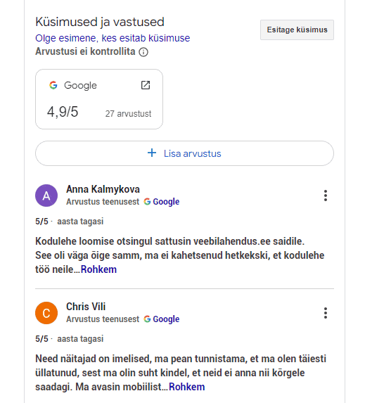 Google äriprofiil arvustused