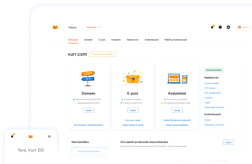 Veebimajutus.ee halduspaneel Veebimajutus.ee-halduspaneel
